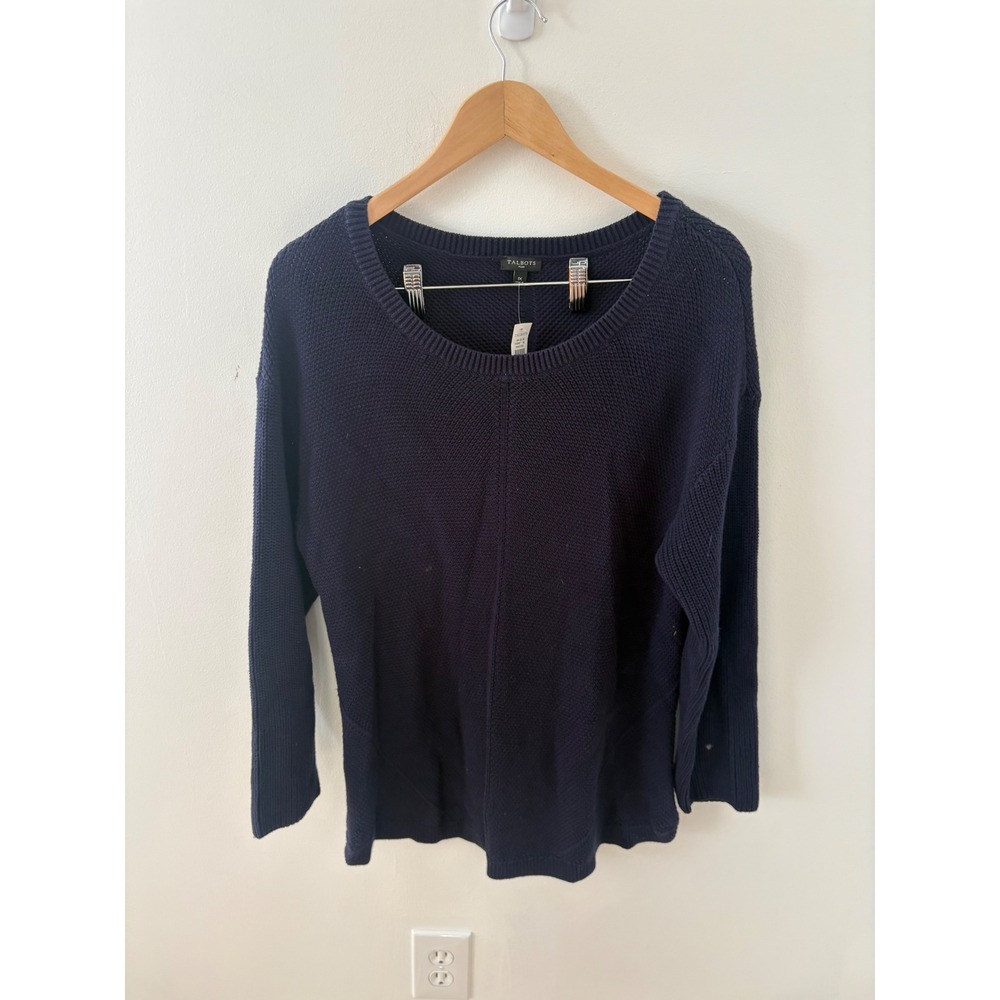 Talbots Plus Navy Blue 100% Pima Cotton Seed Stitch Scoop Neck Sweater 1X NEW
